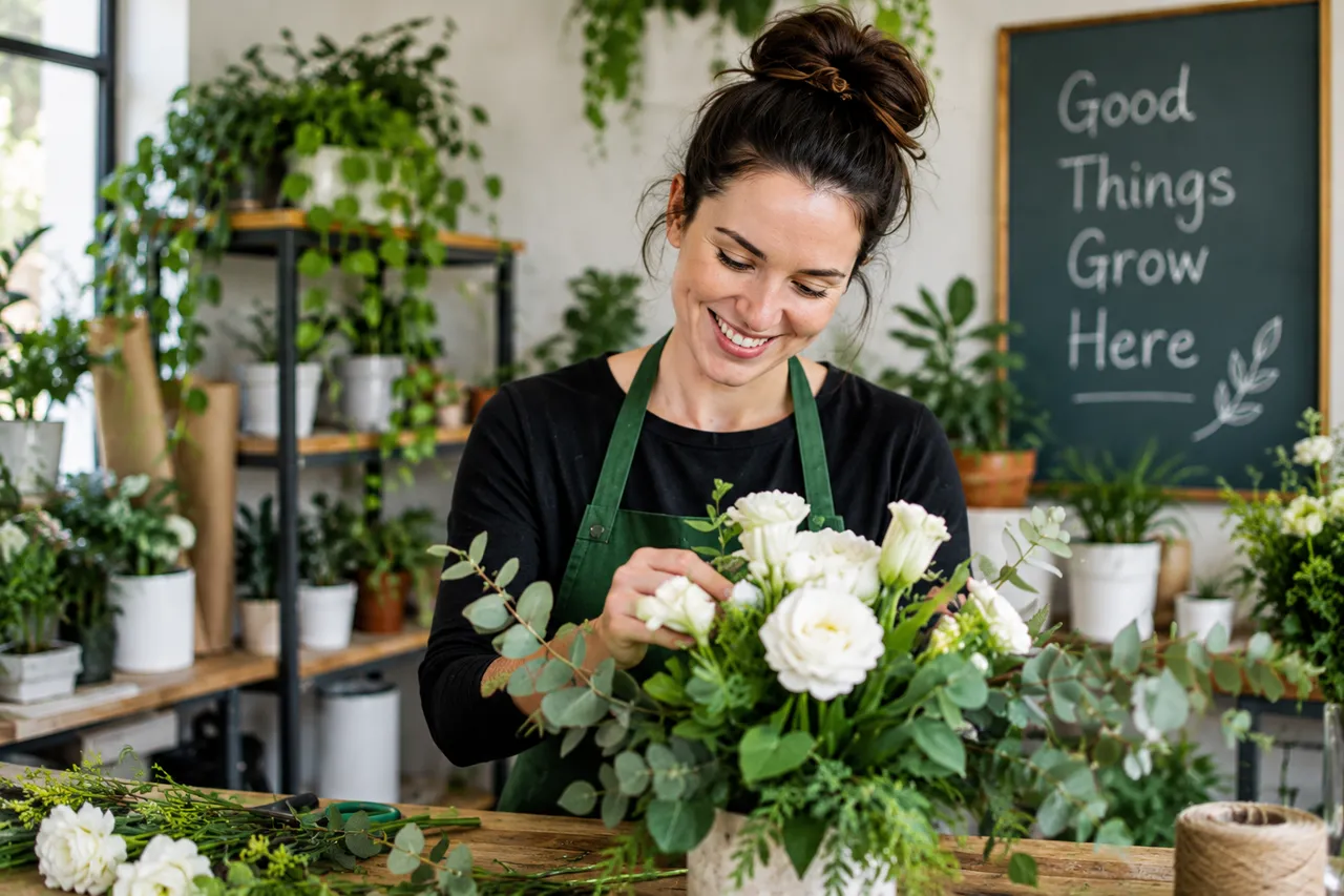 Florist arranging flowers in her shop