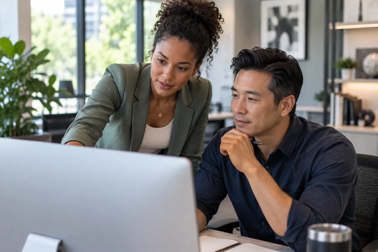 Business professionals reviewing accounting software together