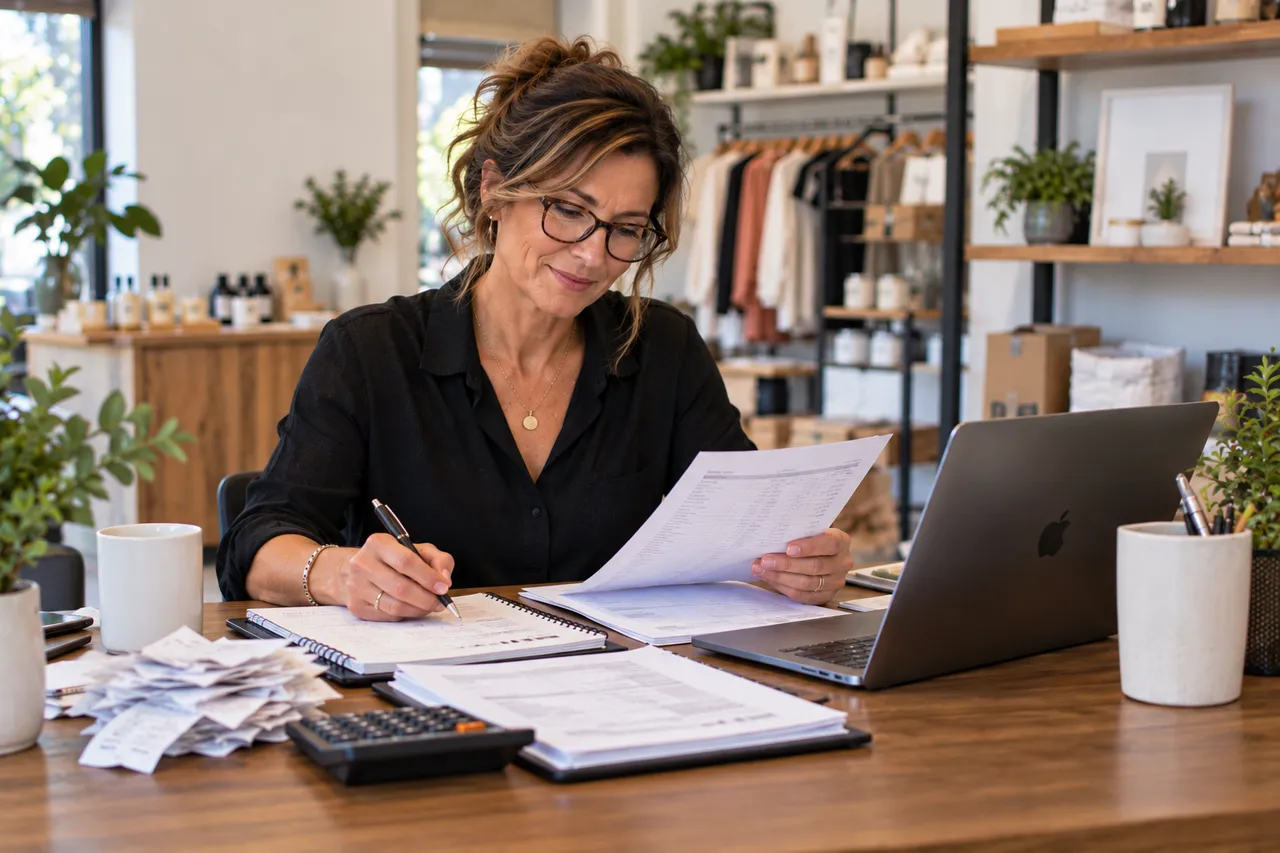 Retail business owner reviewing bookkeeping records