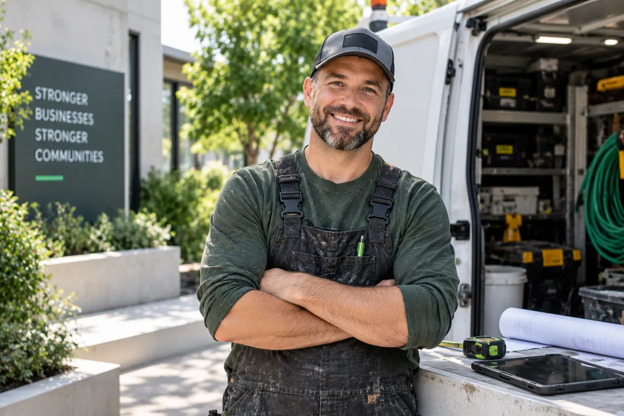 Contractor standing beside his work van