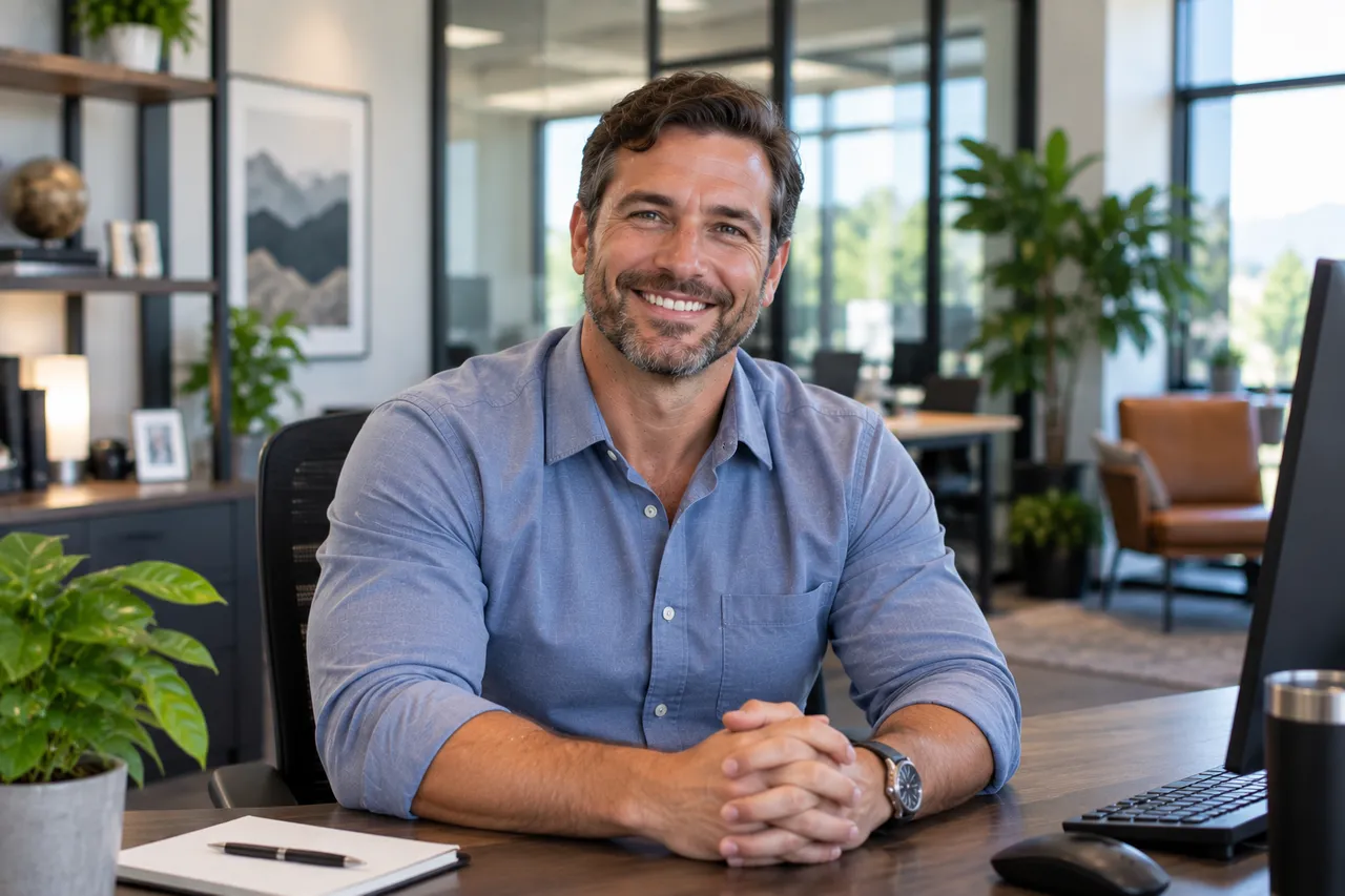 Business owner seated at his office desk