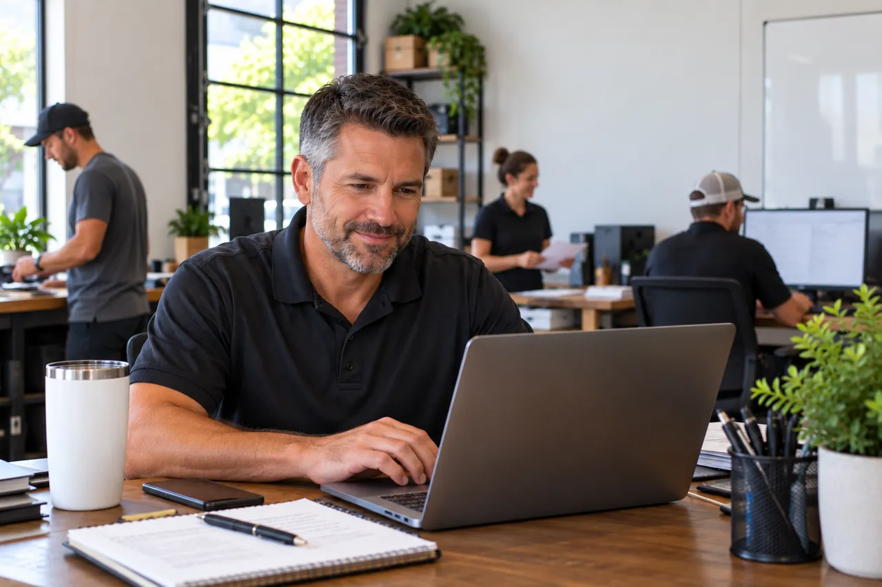 Small-business owner managing payroll with his team nearby
