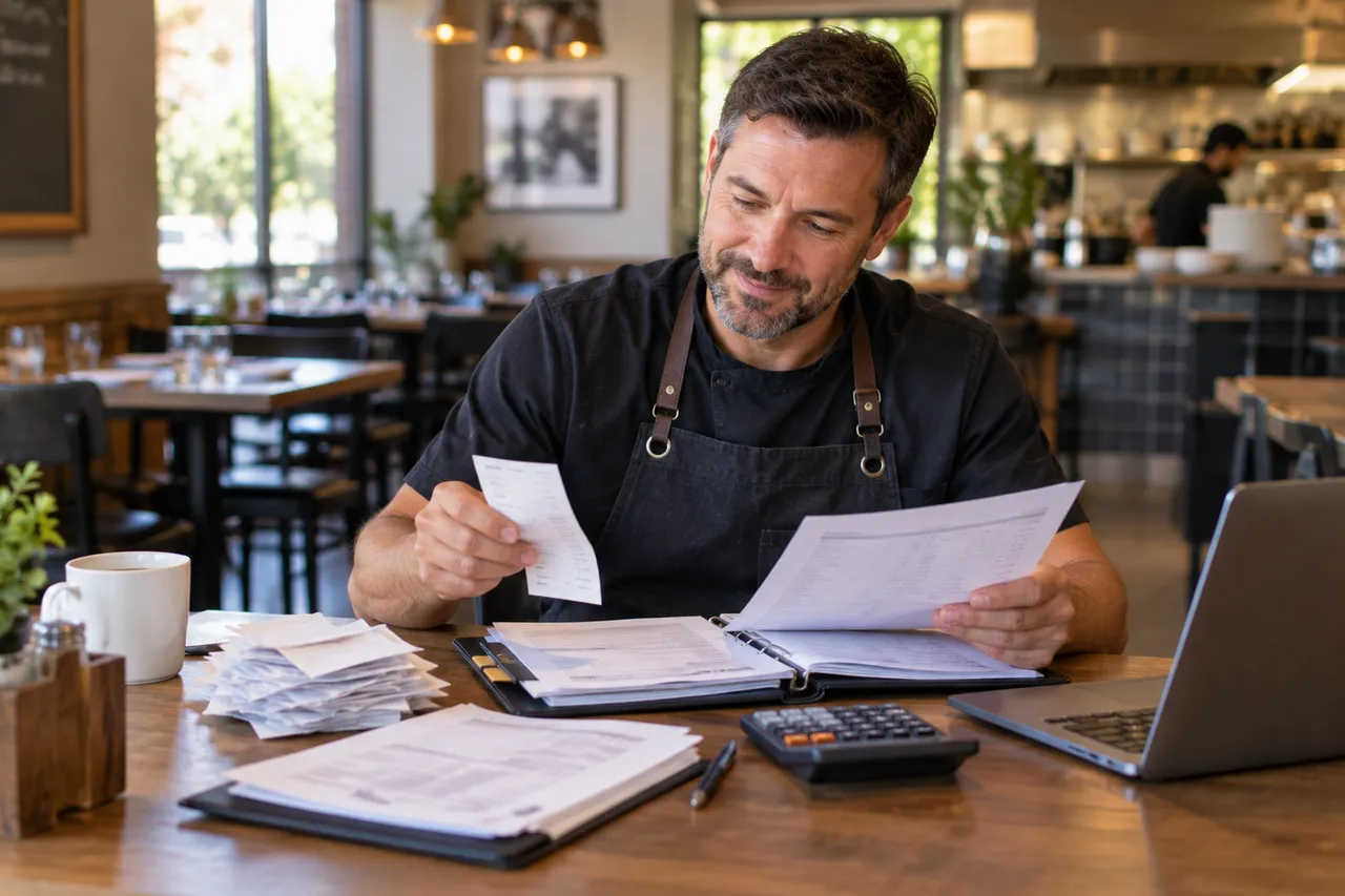 Restaurant owner reviewing receipts and financial records